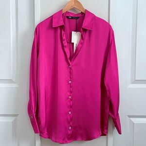 ZARA Silky Fuchsia Button-Up Blouse – NWT